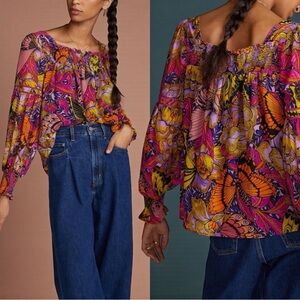 NWOT Anthropologie Alexandra Farmer Garden Pink Floral Puff-Sleeved Blouse S